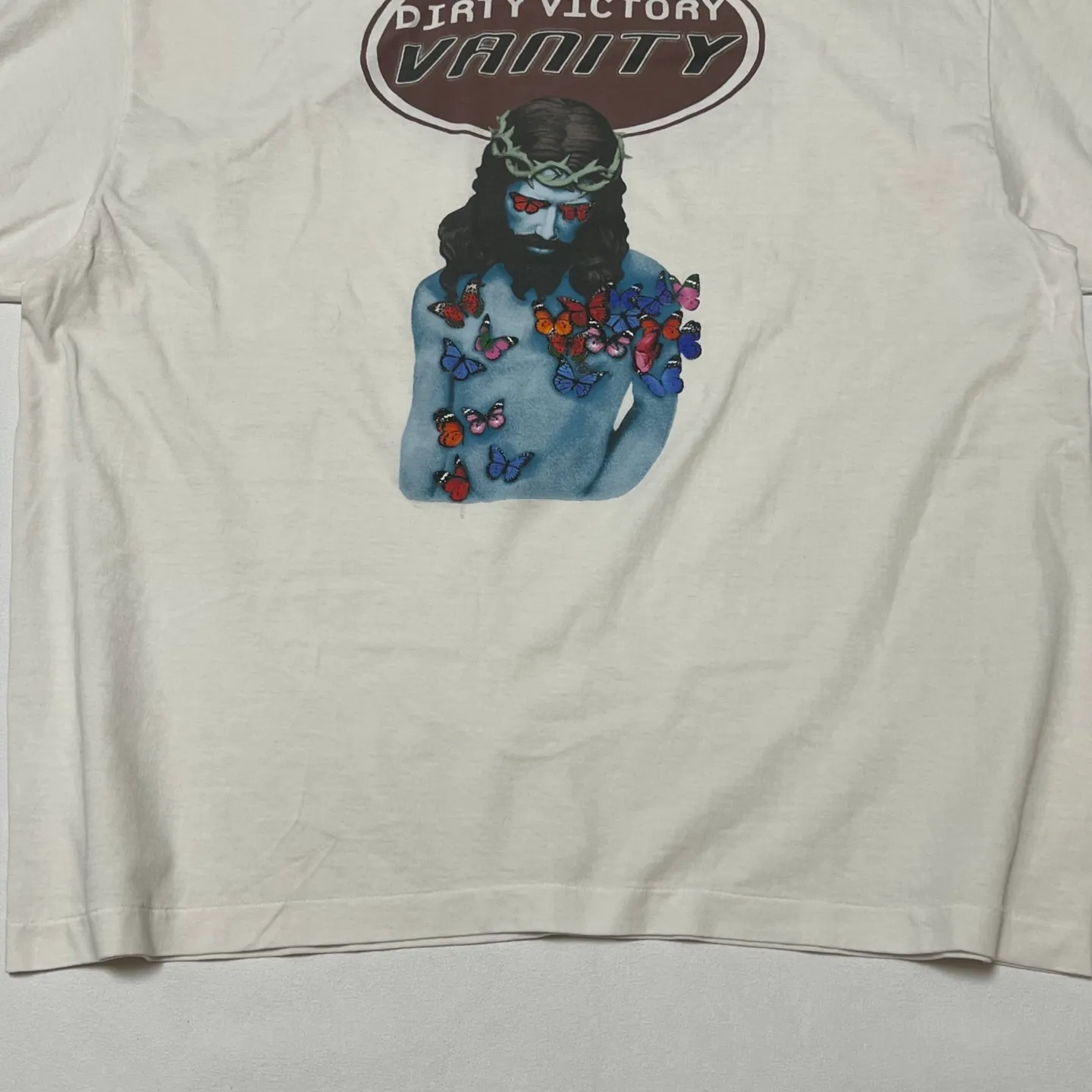 SAINT Mxxxxxx VANITY SS TEE/WHT Jesus Butterfly Print Short Sleeve Off-White S-XL Cylindrical No Side Seam Fabric 220g High Weight OE Yarn ⚠️Note: It is almost meaningless if it is not a cylindrical fabric Customized main mark/wash mark/little angel anti-counterfeiting label Original-level printing factory Top purchasing level